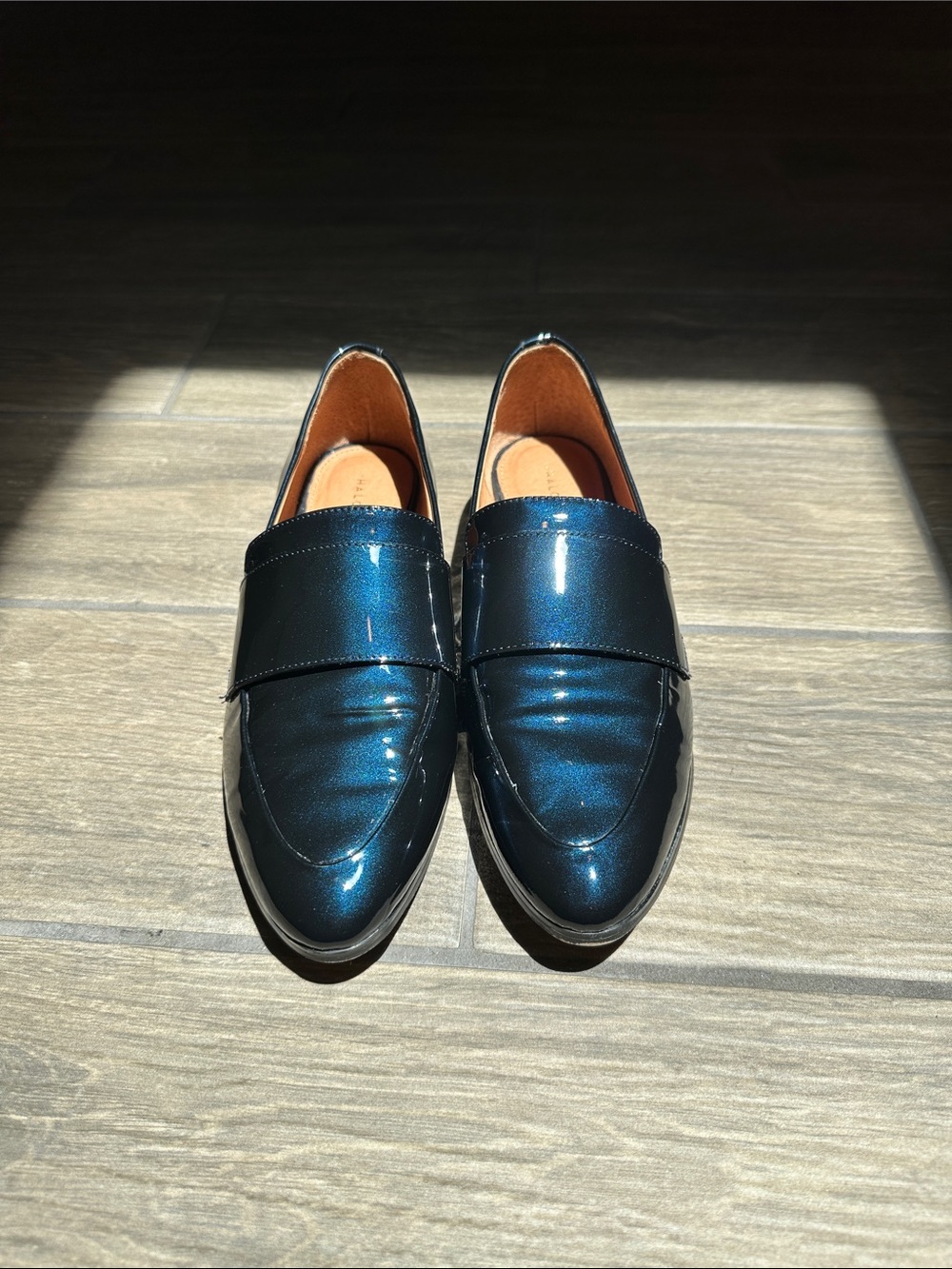 Halogen Women’s “Emilia” Black/Blue Patent Leather Loafers. Slip On. 8 1/2